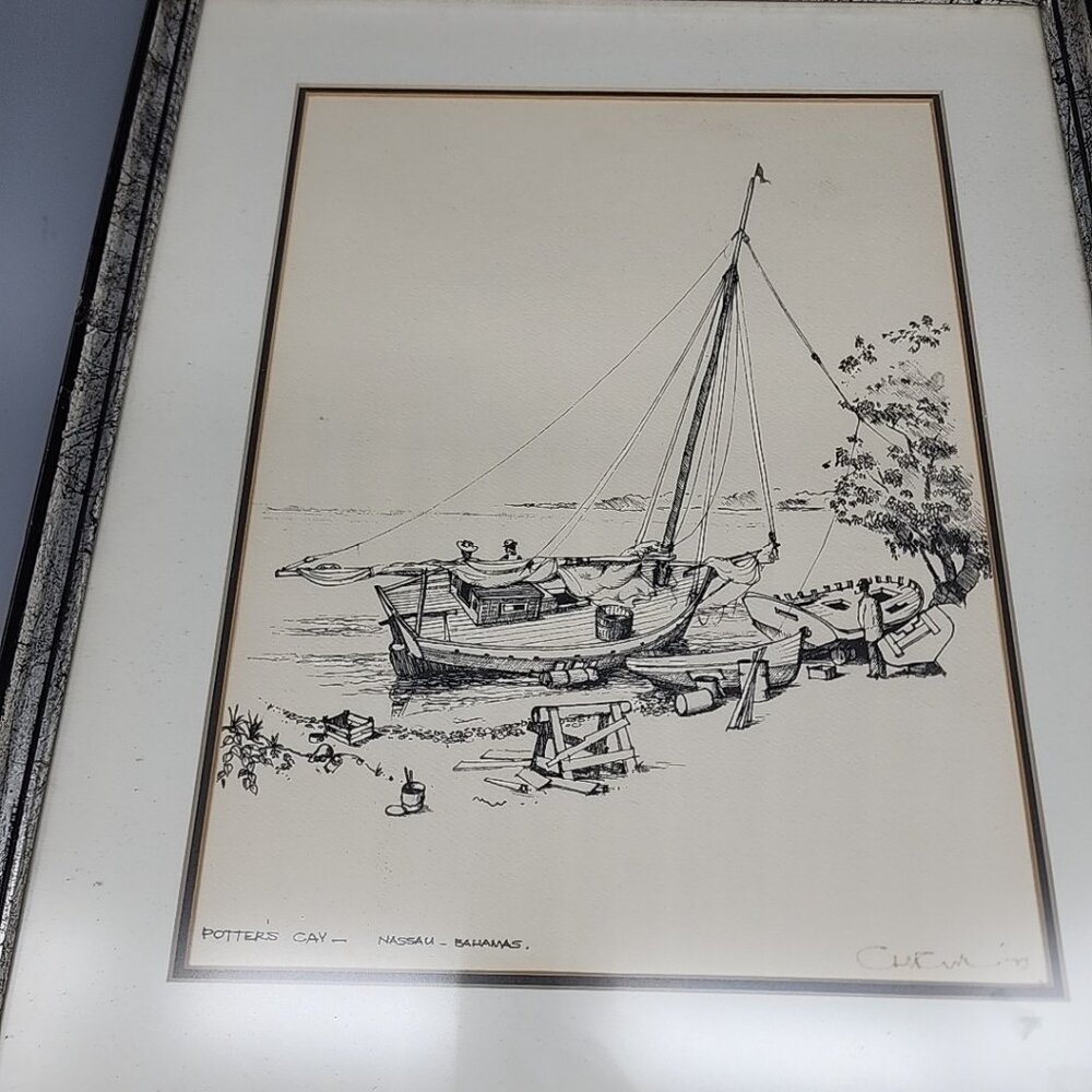 Framed Sketch Pencil Art Potters Cay Nassau Bahamas Signed Sailboat Wall Hanging - Picture 4 of 8